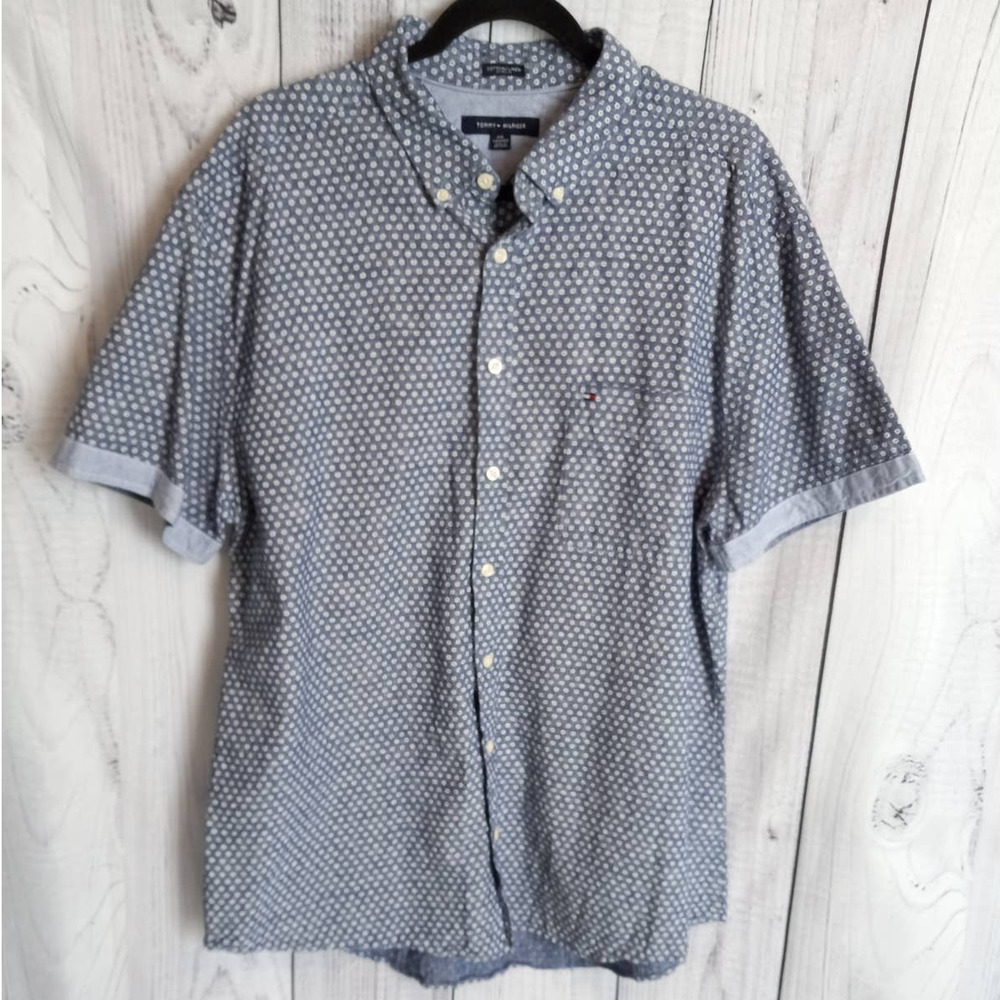 Tommy Hilfiger | Blue & White Linen & Cotton Floral Short Sleeve Button-Up Top